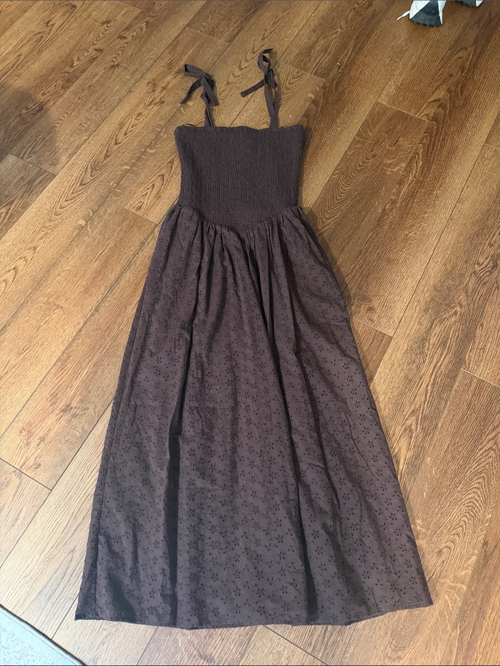 Wayf Brown Smocked Maxi Dress with Eyelet Skirt - Picture 3 of 3